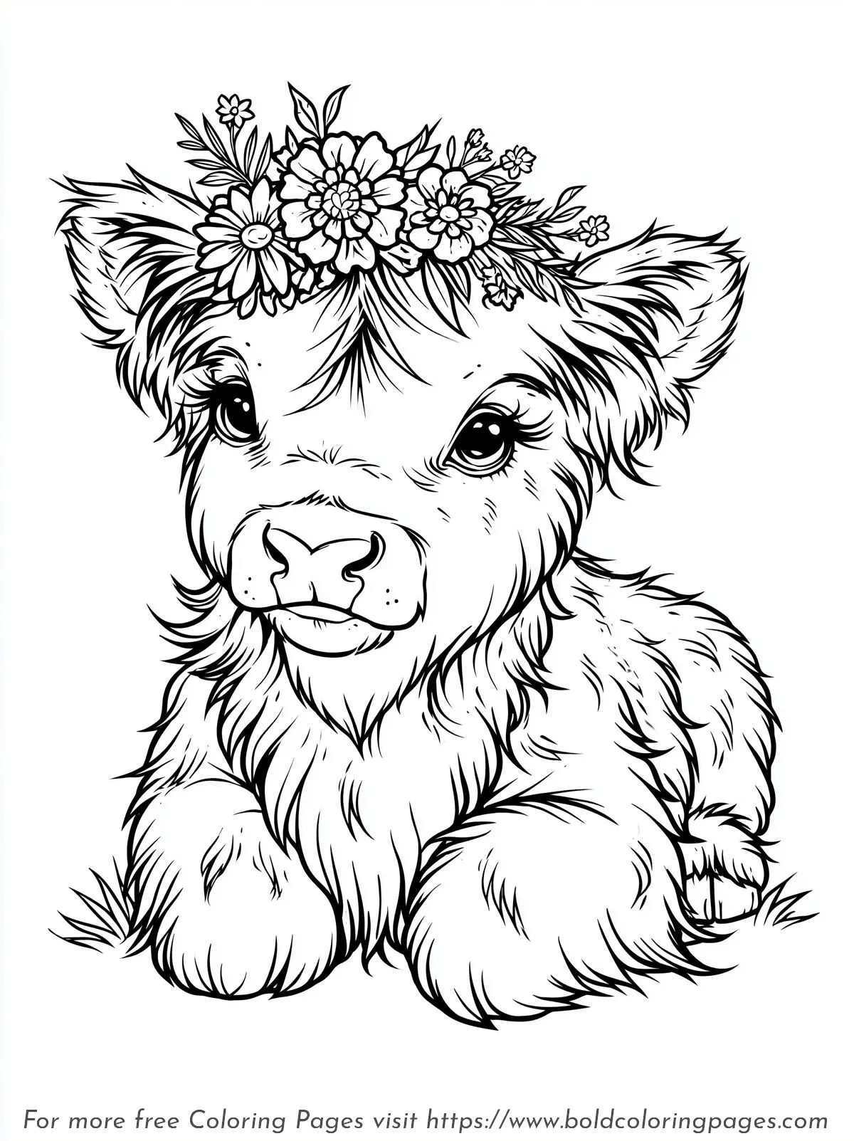 Highland Cow Calf Flower Crown Coloring Page
