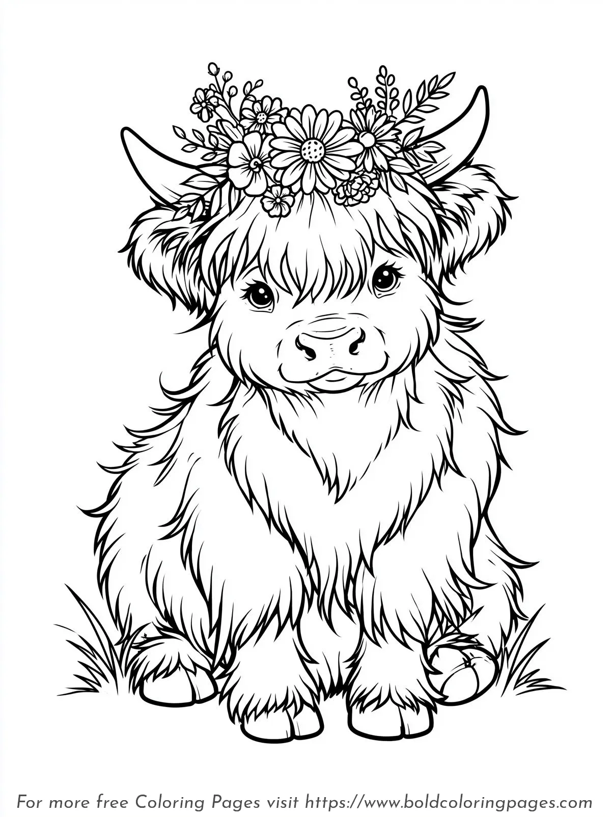 Flower Crown Highland Cow Coloring Page