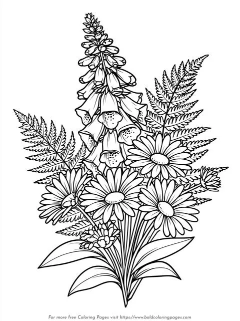 Foxglove Daisy Bouquet Coloring Page