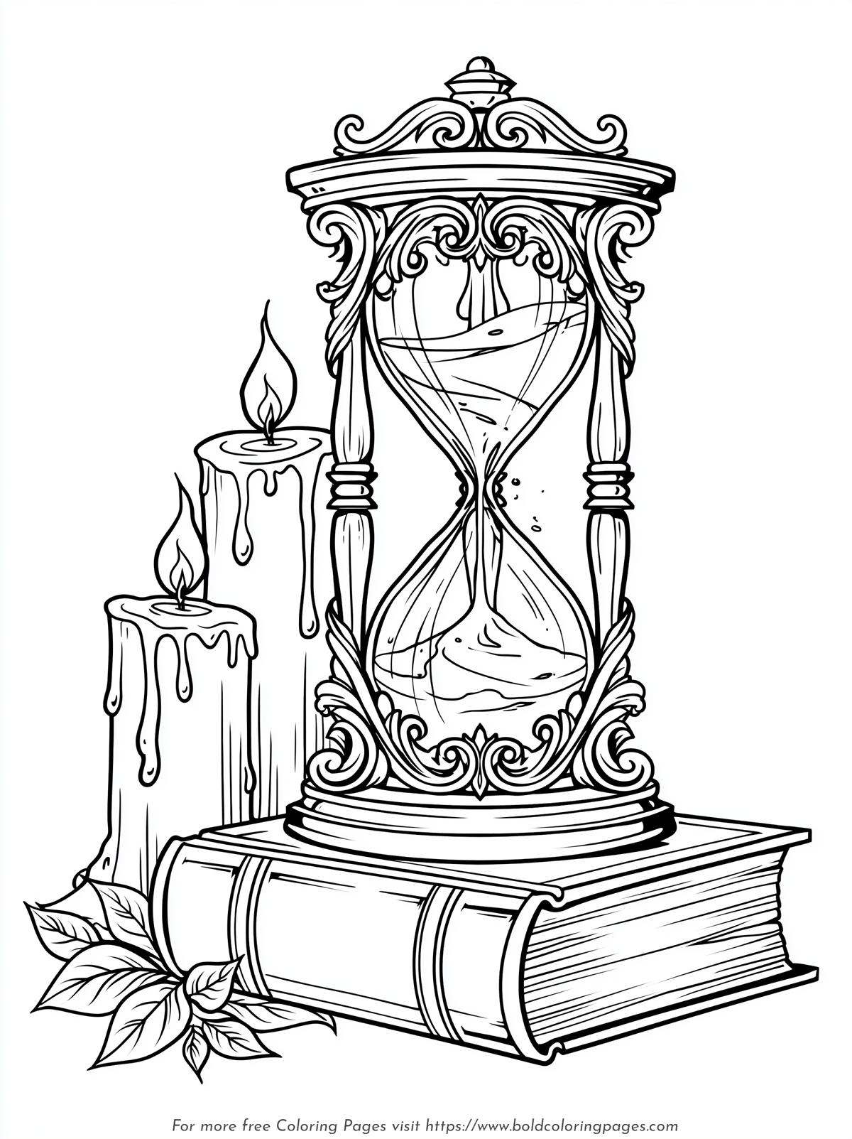 Hourglass, Candles and Book Coloring Page