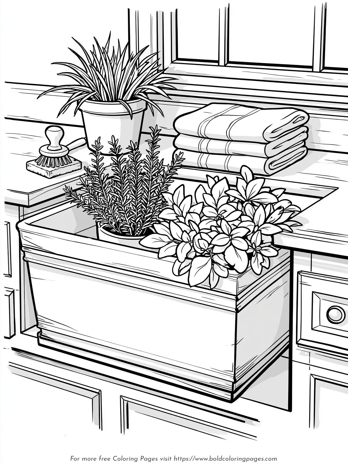 Farmhouse Sink with Fresh Herbs Coloring Page