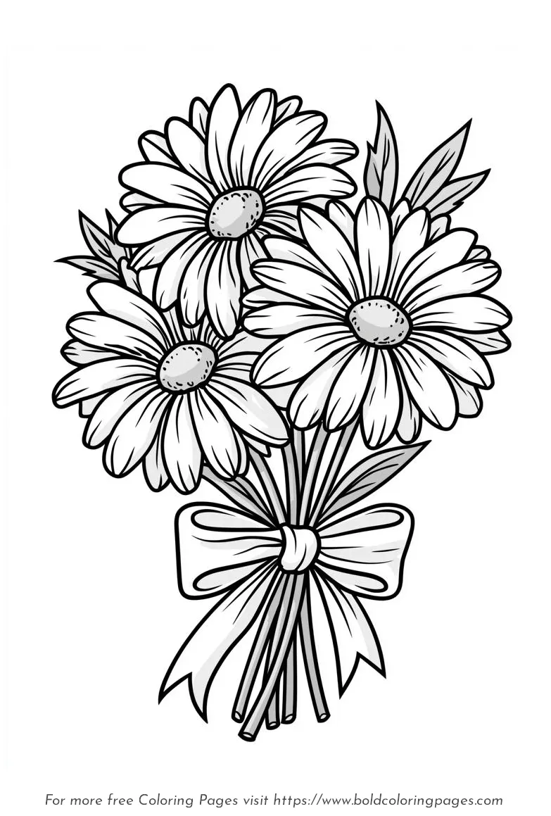 Large Print Daisy Bouquet Round Petals Coloring Page