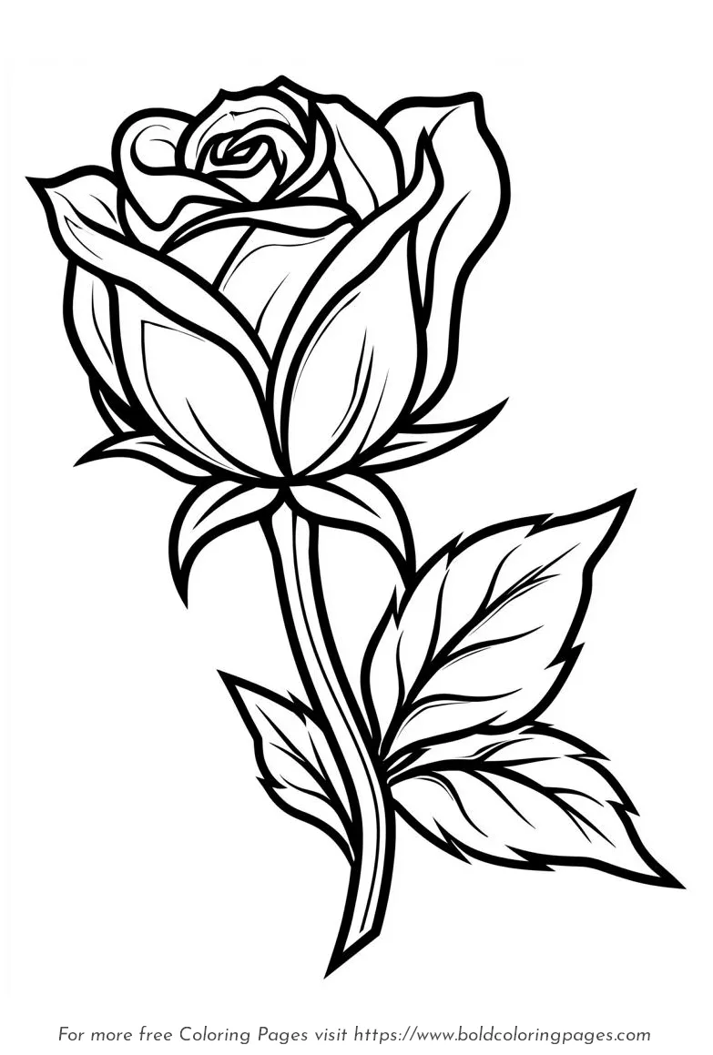Large Print Rose Bud Stem Leaves Coloring Page
