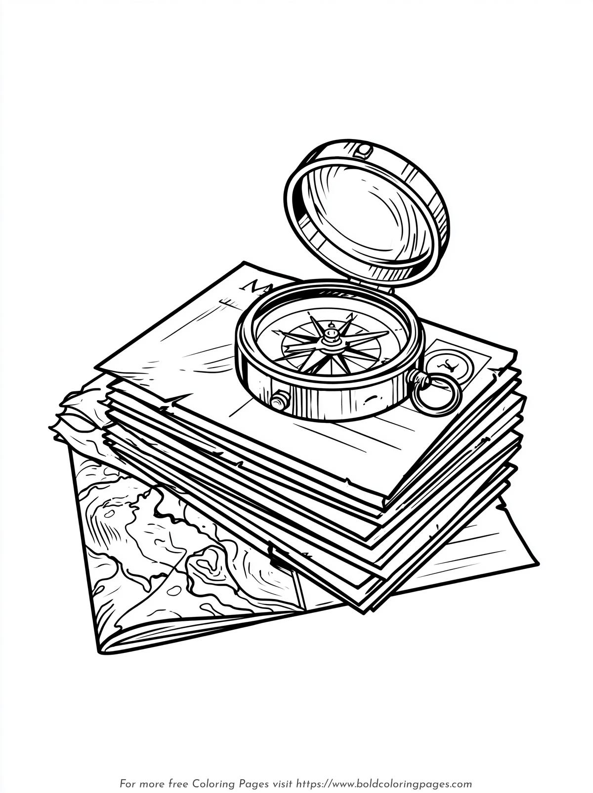 Travel Postcards and Compass Coloring Page