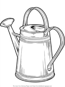 Watering can coloring page with simple bold outlines.